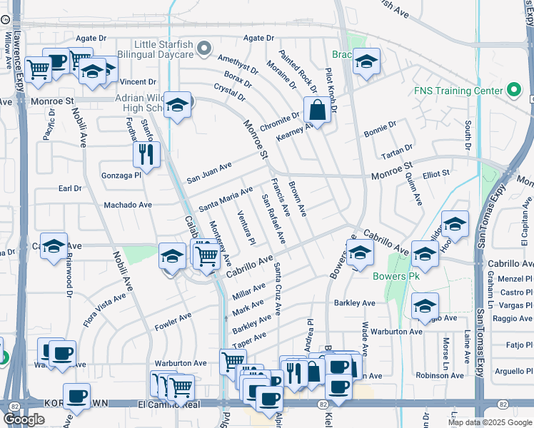 map of restaurants, bars, coffee shops, grocery stores, and more near 2176 San Rafael Avenue in Santa Clara