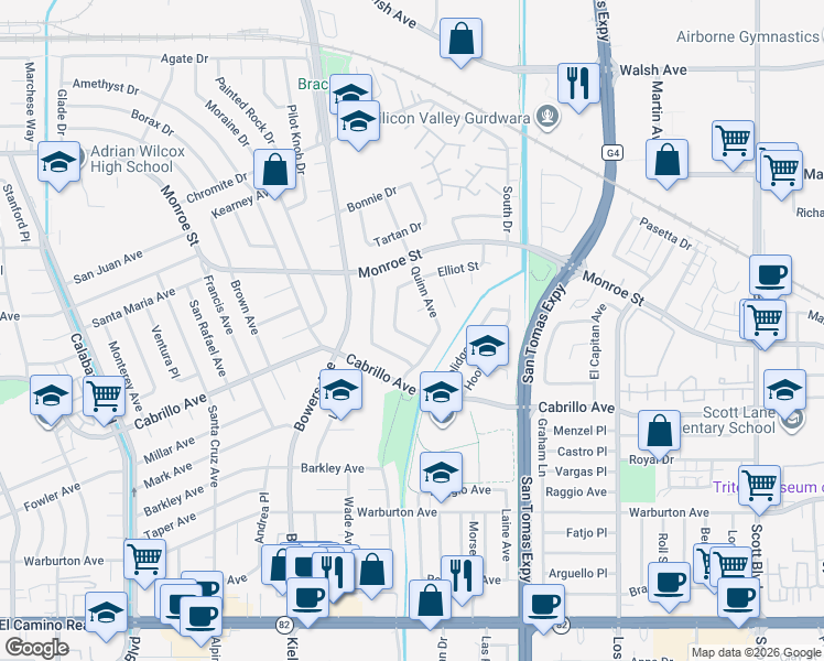 map of restaurants, bars, coffee shops, grocery stores, and more near 2136 Quinn Avenue in Santa Clara