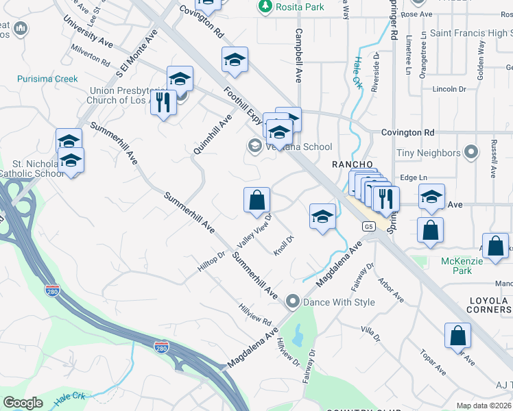map of restaurants, bars, coffee shops, grocery stores, and more near 1091 Valley View Court in Los Altos