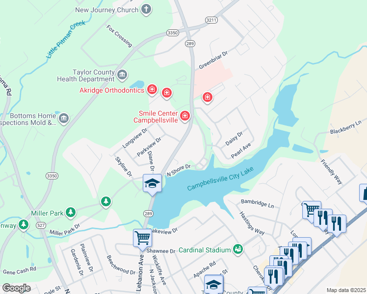map of restaurants, bars, coffee shops, grocery stores, and more near 1414 Old Lebanon Road in Campbellsville