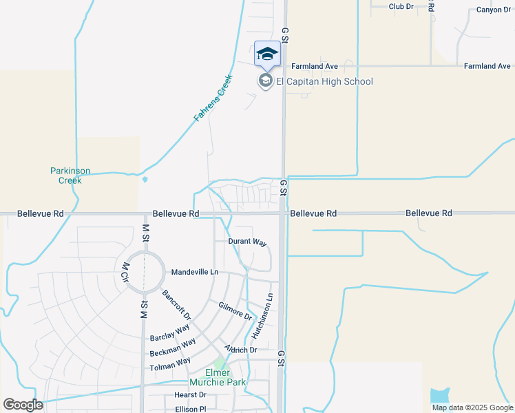 map of restaurants, bars, coffee shops, grocery stores, and more near 218 Montage Drive in Merced
