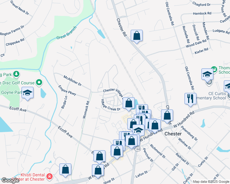 map of restaurants, bars, coffee shops, grocery stores, and more near 11442 Chester Village Drive in Chester