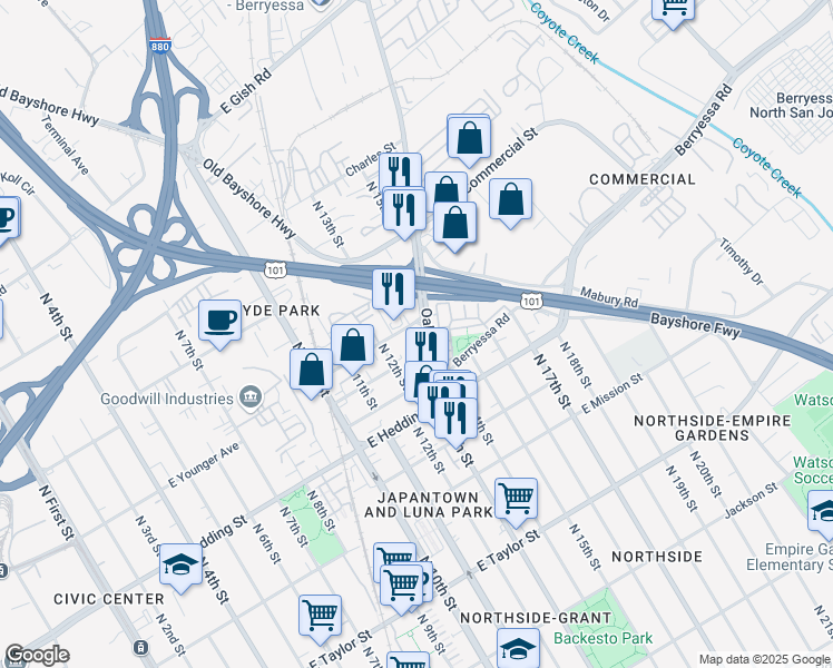 map of restaurants, bars, coffee shops, grocery stores, and more near 961 Pavilion Loop in San Jose