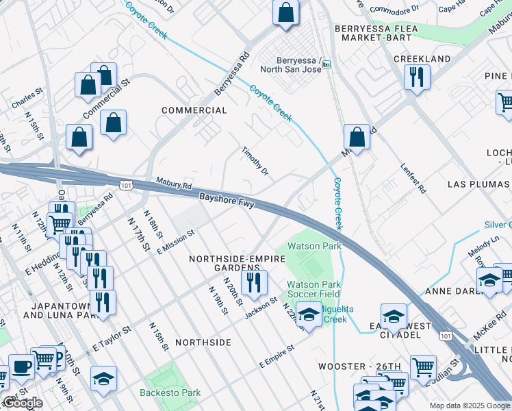 map of restaurants, bars, coffee shops, grocery stores, and more near Bayshore Freeway in San Jose
