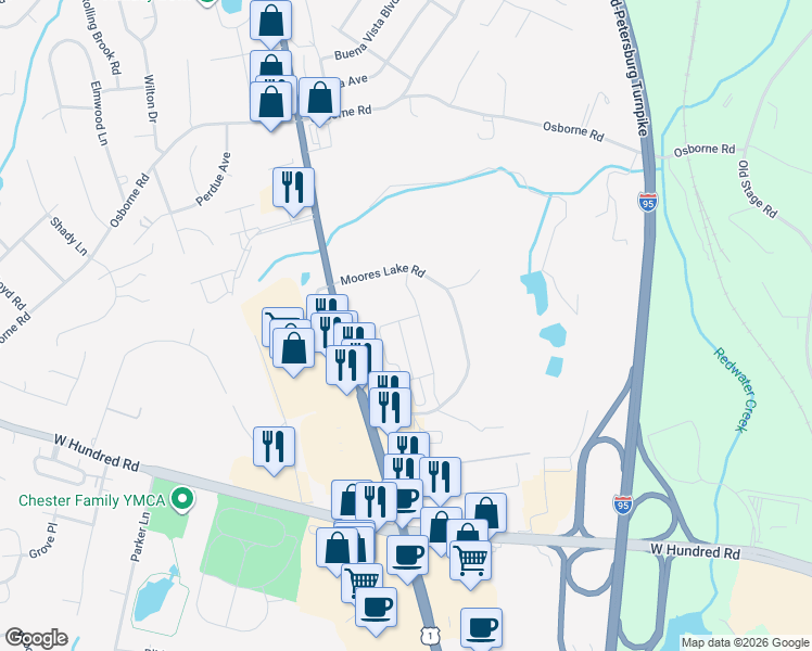 map of restaurants, bars, coffee shops, grocery stores, and more near 12101 Moores Lake Road in Chester
