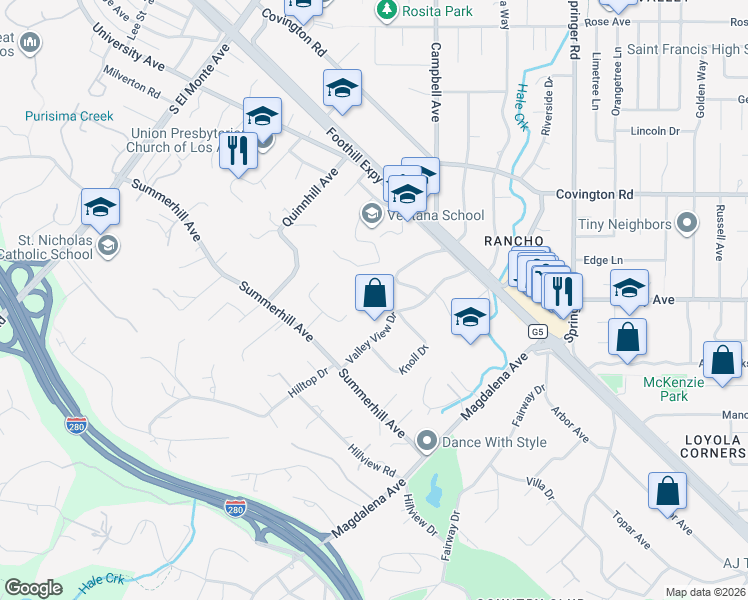 map of restaurants, bars, coffee shops, grocery stores, and more near 1091 Valley View Court in Los Altos
