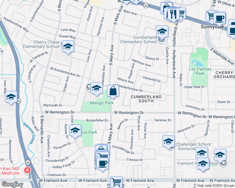 map of restaurants, bars, coffee shops, grocery stores, and more near 879 Lansdown Court in Sunnyvale