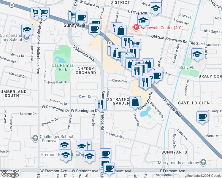 map of restaurants, bars, coffee shops, grocery stores, and more near 114 Cumulus Avenue in Sunnyvale