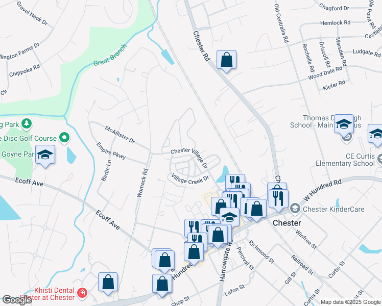 map of restaurants, bars, coffee shops, grocery stores, and more near 11442 Chester Village Drive in Chester