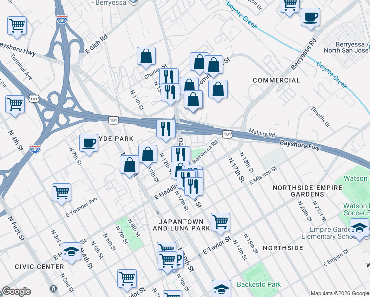 map of restaurants, bars, coffee shops, grocery stores, and more near 961 Pavilion Loop in San Jose