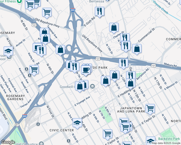 map of restaurants, bars, coffee shops, grocery stores, and more near 395 Commercial Street in San Jose