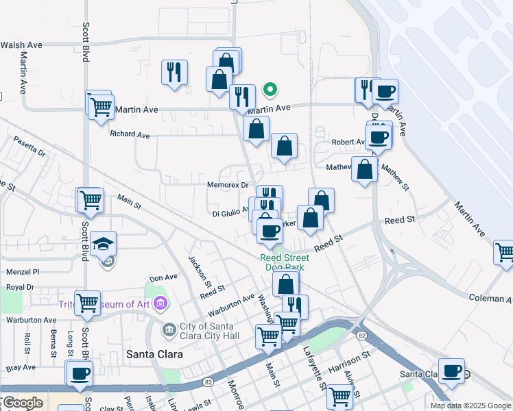 map of restaurants, bars, coffee shops, grocery stores, and more near 2155 Lafayette Street in Santa Clara