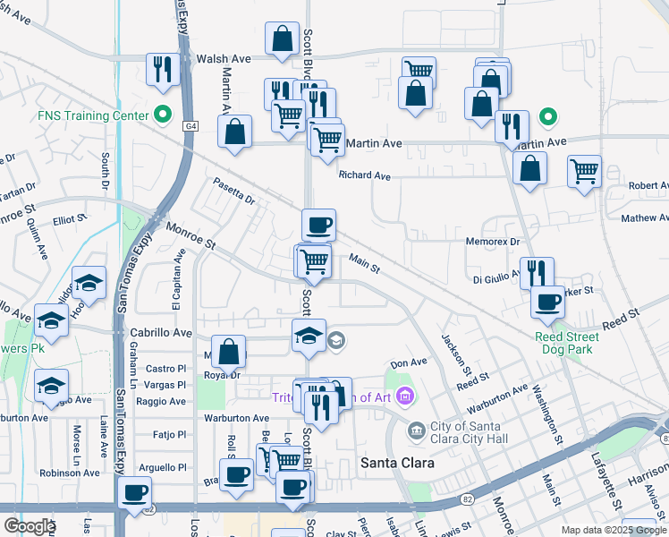 map of restaurants, bars, coffee shops, grocery stores, and more near 2157 Main Street in Santa Clara