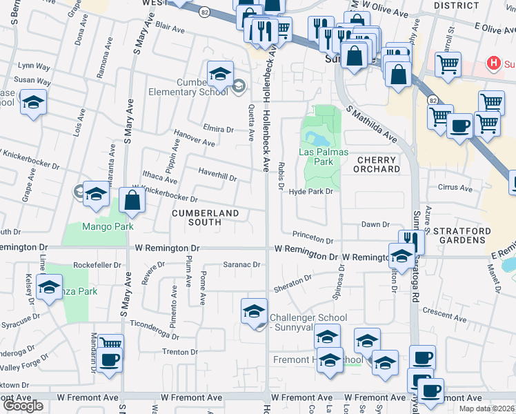 map of restaurants, bars, coffee shops, grocery stores, and more near 888 Hollenbeck Avenue in Sunnyvale