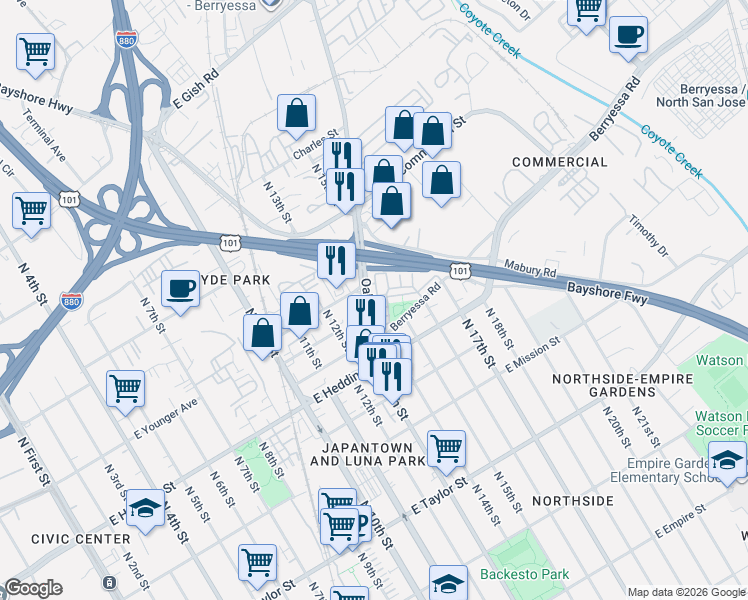 map of restaurants, bars, coffee shops, grocery stores, and more near 961 Pavilion Loop in San Jose