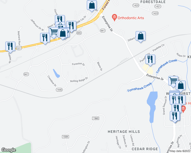 map of restaurants, bars, coffee shops, grocery stores, and more near 1329 Homestead Garden Court in Forest