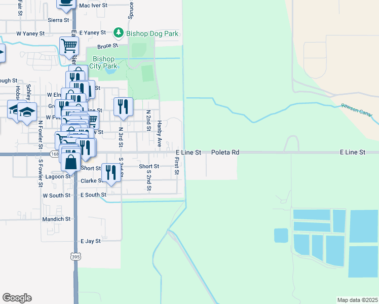 map of restaurants, bars, coffee shops, grocery stores, and more near 501 East Line Street in Bishop