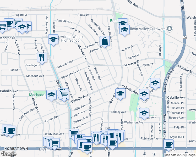 map of restaurants, bars, coffee shops, grocery stores, and more near 2175 Francis Avenue in Santa Clara
