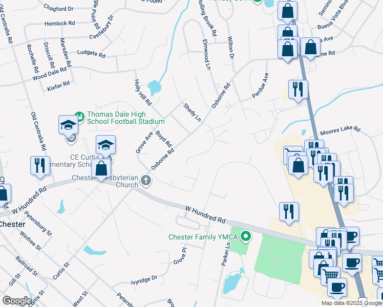 map of restaurants, bars, coffee shops, grocery stores, and more near 12142 Warfield Estates Drive in Chester