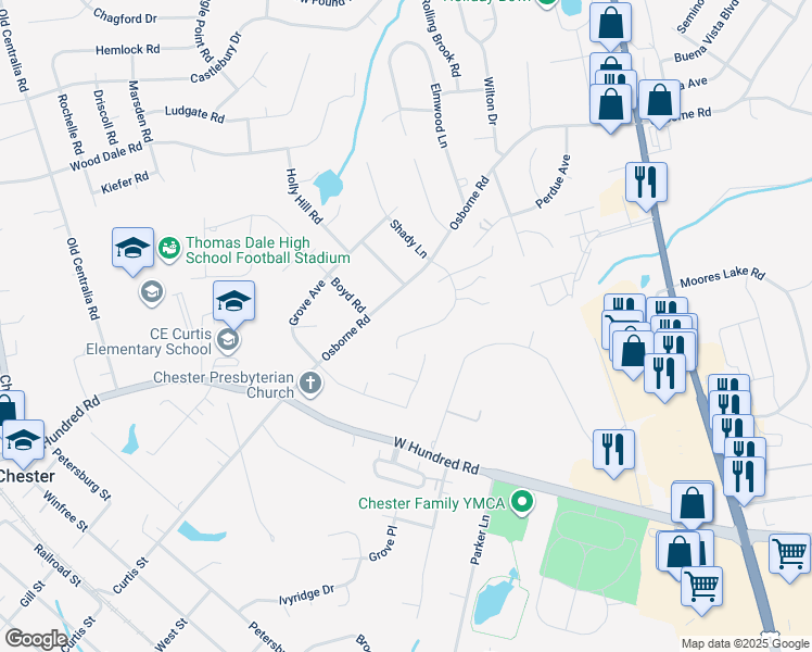 map of restaurants, bars, coffee shops, grocery stores, and more near 12142 Warfield Estates Drive in Chester
