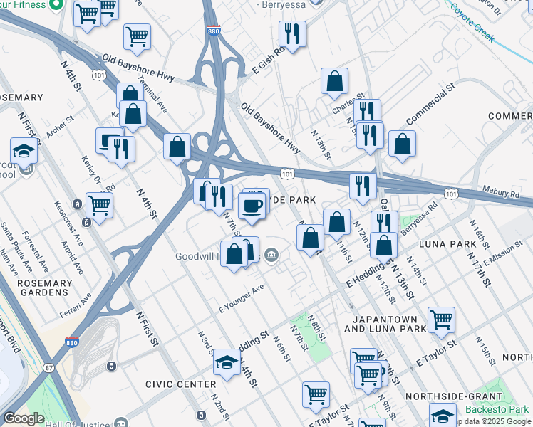 map of restaurants, bars, coffee shops, grocery stores, and more near 385 Commercial Street in San Jose