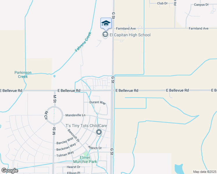 map of restaurants, bars, coffee shops, grocery stores, and more near 124 Montage Drive in Merced