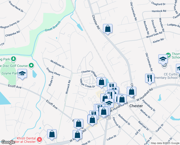 map of restaurants, bars, coffee shops, grocery stores, and more near 11436 Chester Village Drive in Chester