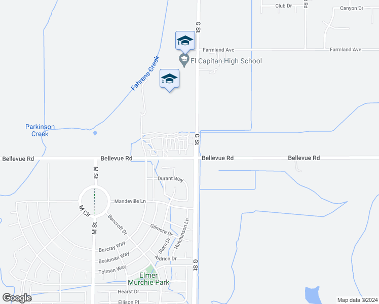 map of restaurants, bars, coffee shops, grocery stores, and more near 124 Montage Drive in Merced