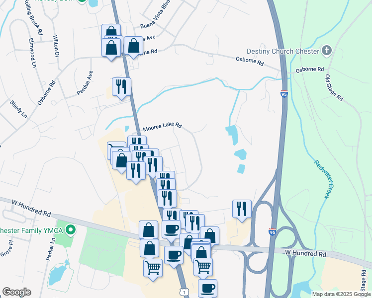 map of restaurants, bars, coffee shops, grocery stores, and more near 12101 Moores Lake Road in Chester