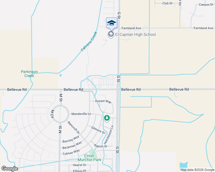 map of restaurants, bars, coffee shops, grocery stores, and more near 204 Montage Drive in Merced