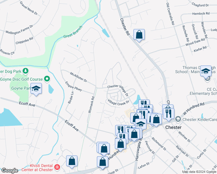 map of restaurants, bars, coffee shops, grocery stores, and more near 11436 Village Creek Drive in Chester