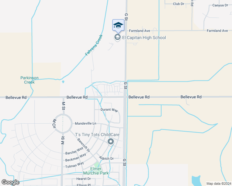 map of restaurants, bars, coffee shops, grocery stores, and more near 198 Montage Drive in Merced