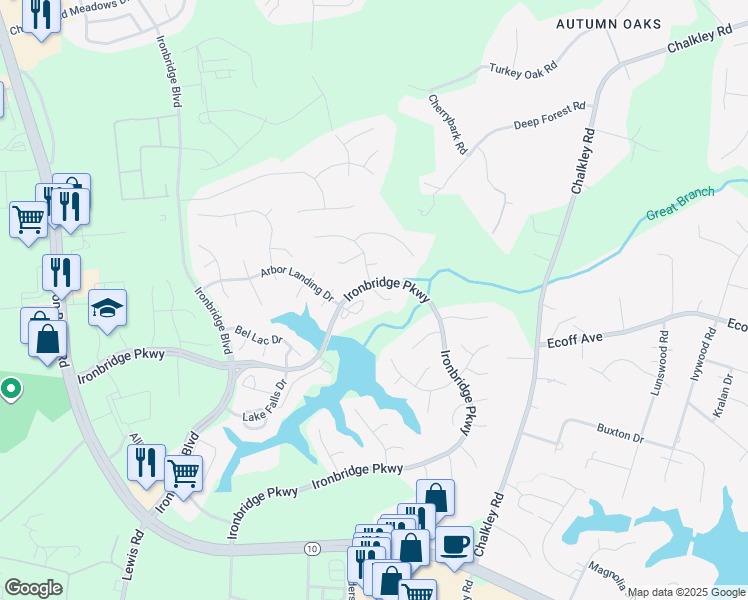 map of restaurants, bars, coffee shops, grocery stores, and more near 6202 Bent Tree Place in Chester