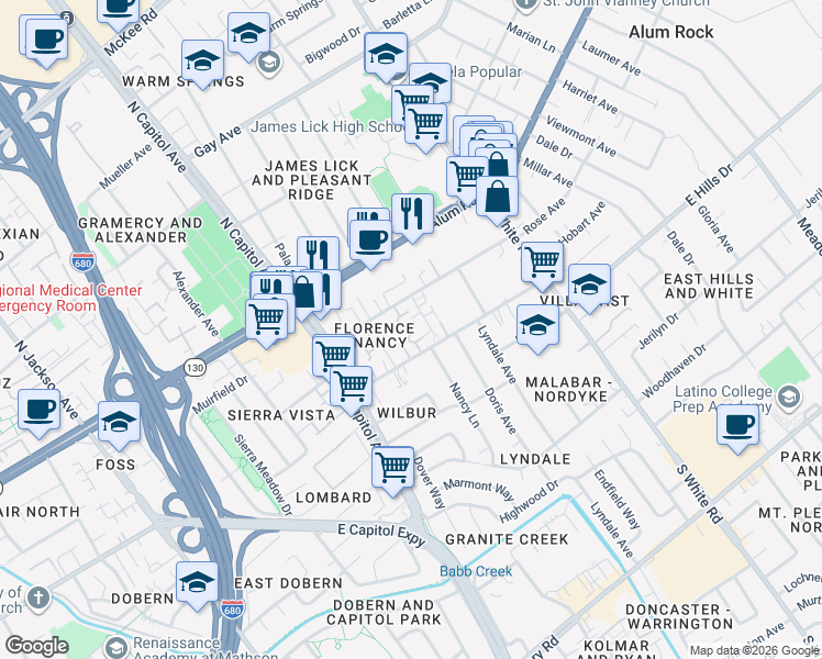 map of restaurants, bars, coffee shops, grocery stores, and more near 150 Colonade Square in San Jose