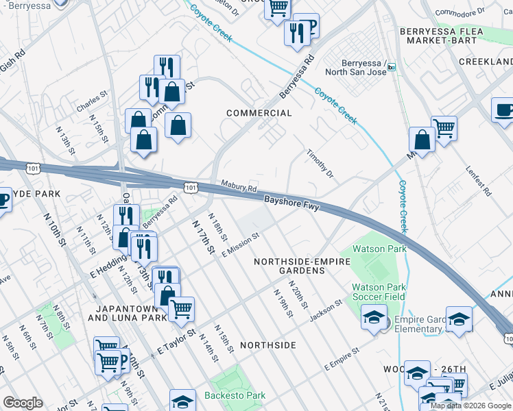map of restaurants, bars, coffee shops, grocery stores, and more near 855 North Bayshore Road West in San Jose