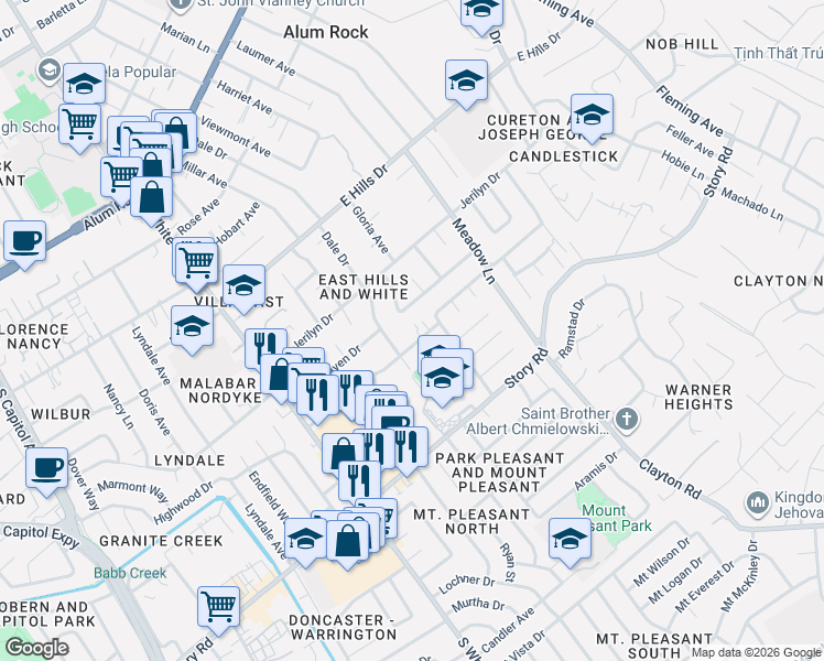 map of restaurants, bars, coffee shops, grocery stores, and more near 10261 Claudia Drive in San Jose