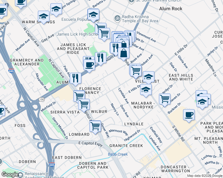 map of restaurants, bars, coffee shops, grocery stores, and more near 2989 Florence Avenue in San Jose