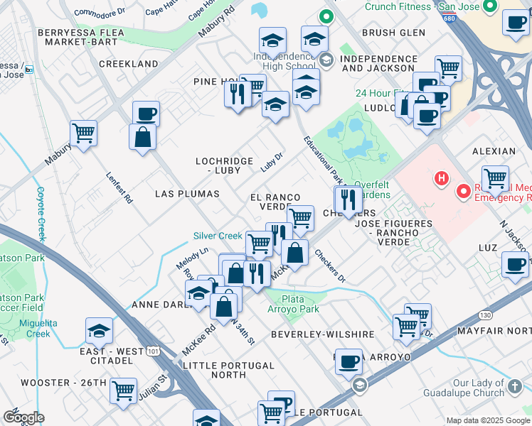 map of restaurants, bars, coffee shops, grocery stores, and more near in San Jose
