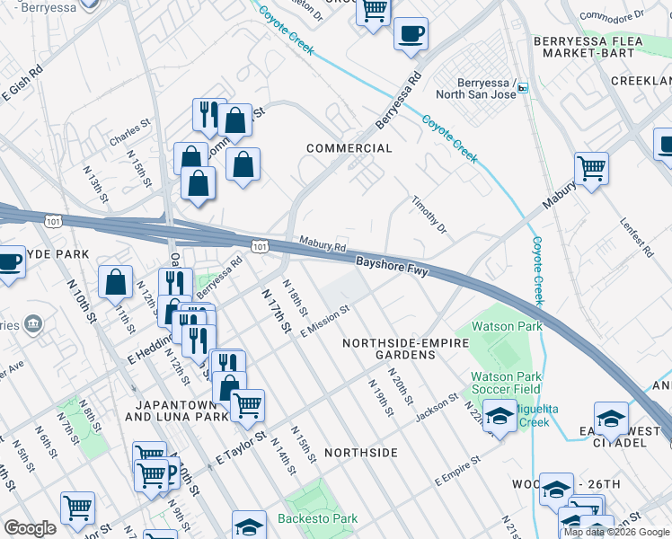 map of restaurants, bars, coffee shops, grocery stores, and more near 855 North Bayshore Road West in San Jose