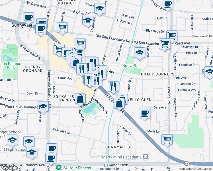 map of restaurants, bars, coffee shops, grocery stores, and more near 625 East El Camino Real in Sunnyvale