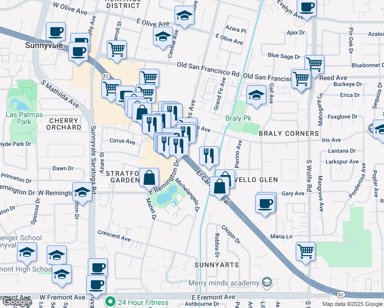 map of restaurants, bars, coffee shops, grocery stores, and more near 625 East El Camino Real in Sunnyvale