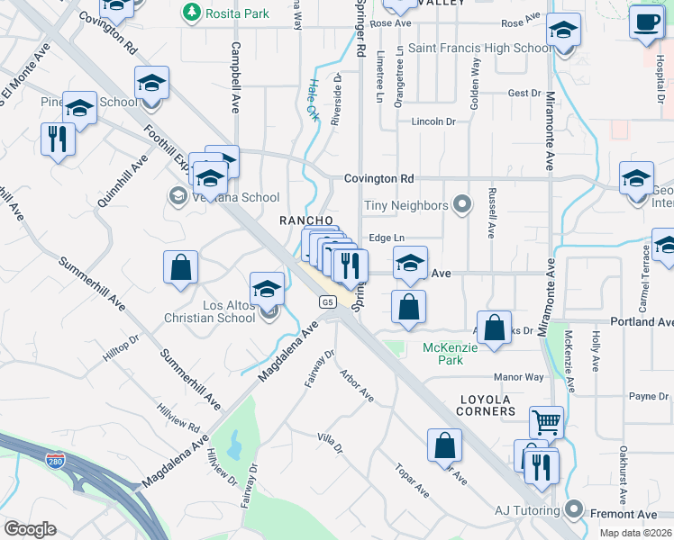 map of restaurants, bars, coffee shops, grocery stores, and more near 675 Berry Avenue in Los Altos