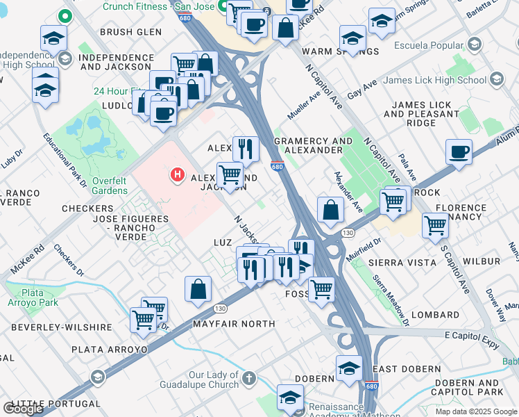 map of restaurants, bars, coffee shops, grocery stores, and more near 88 North Jackson Avenue in San Jose