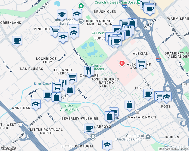 map of restaurants, bars, coffee shops, grocery stores, and more near 2050 McKee Road in San Jose