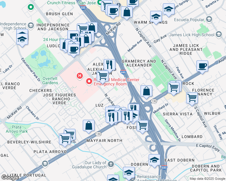 map of restaurants, bars, coffee shops, grocery stores, and more near 102 Damsen Drive in San Jose