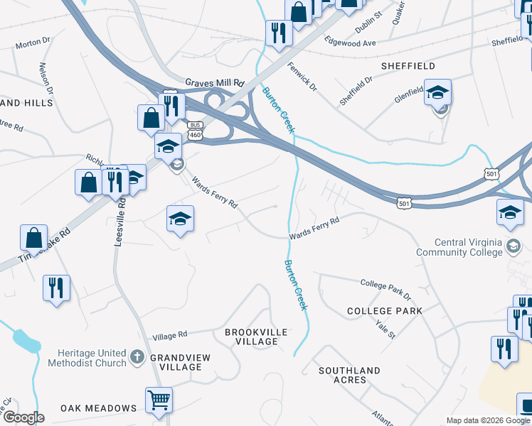 map of restaurants, bars, coffee shops, grocery stores, and more near 114 Water Gate Drive in Lynchburg
