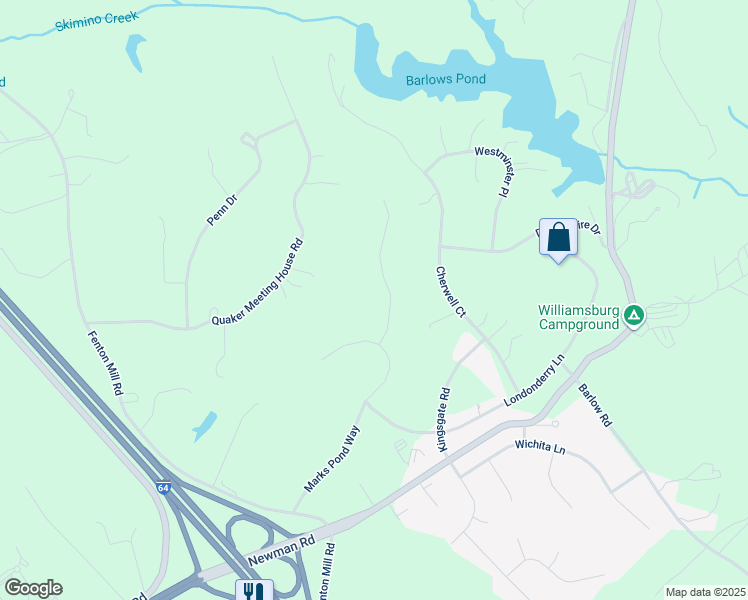 map of restaurants, bars, coffee shops, grocery stores, and more near 109 Cliftons Bluff in Williamsburg