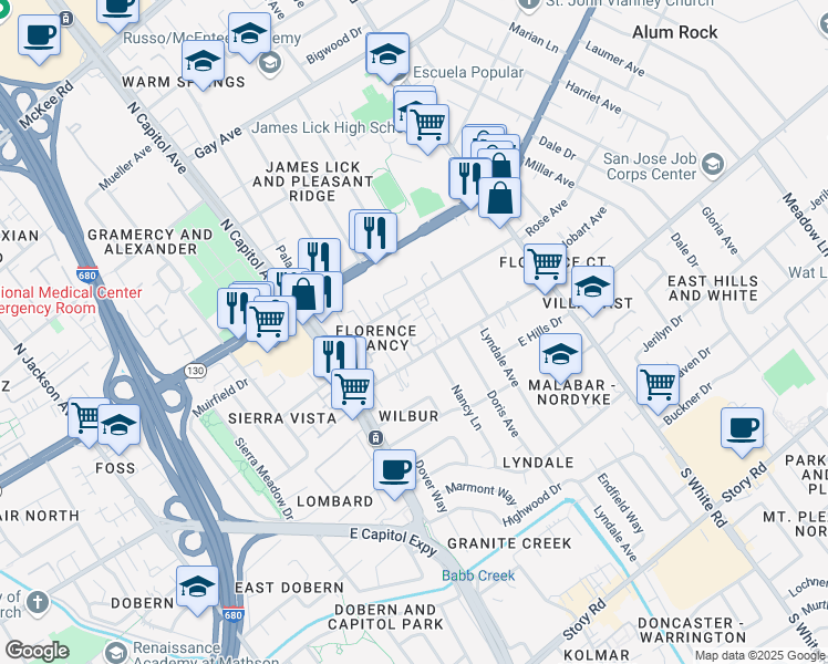 map of restaurants, bars, coffee shops, grocery stores, and more near 150 Colonade Square in San Jose