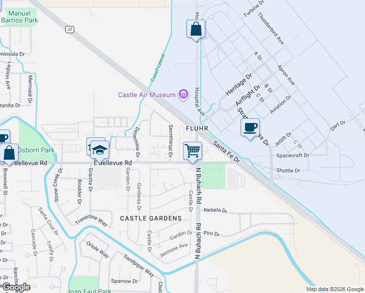 map of restaurants, bars, coffee shops, grocery stores, and more near 2859 North Buhach Road in Atwater