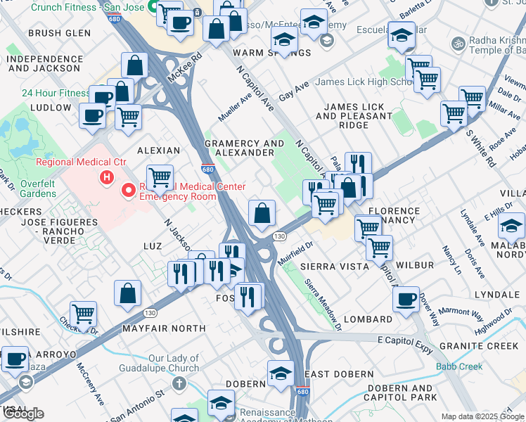 map of restaurants, bars, coffee shops, grocery stores, and more near 149 Monte Verano Court in San Jose